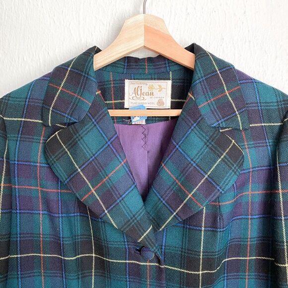 Vintage Tartan Plaid Pure Virgin Wool Blazer Women’s Med Green Single Breasted - Picture 2 of 9